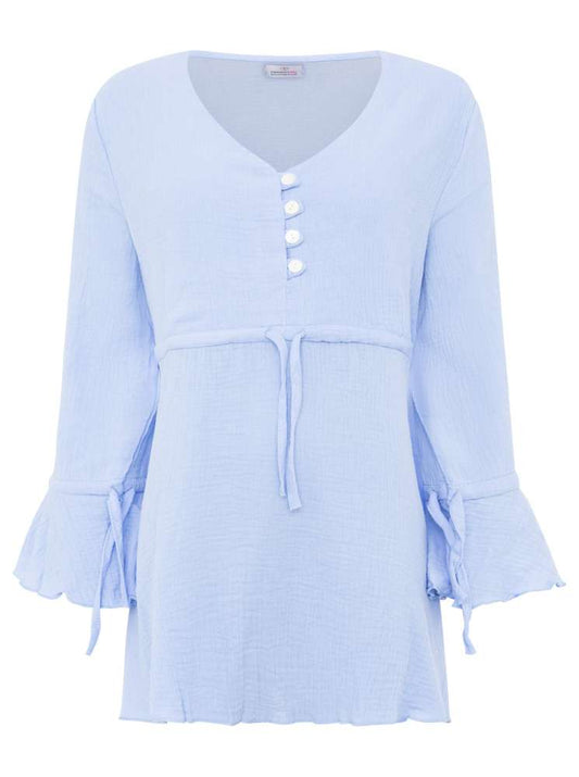 💕 Zwillingsherz Tunika Bluse Musselin "Knopfleiste" Hellblau