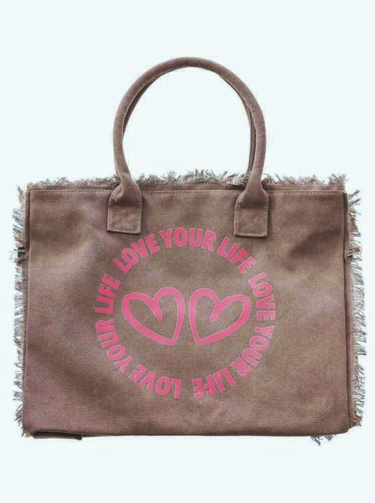 💕 Zwillingsherz Tasche Shopper "Love your life" Canvas XXL Limited Edition Taupe