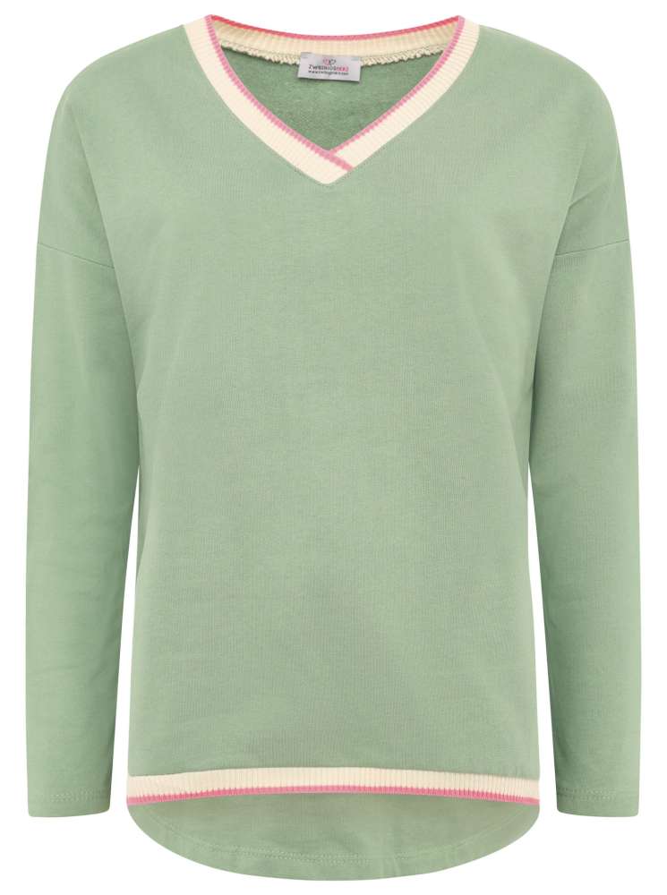 💕 Zwillingsherz Sweatshirt V-Neck Pullover "Neon Kante" Sweater Khaki